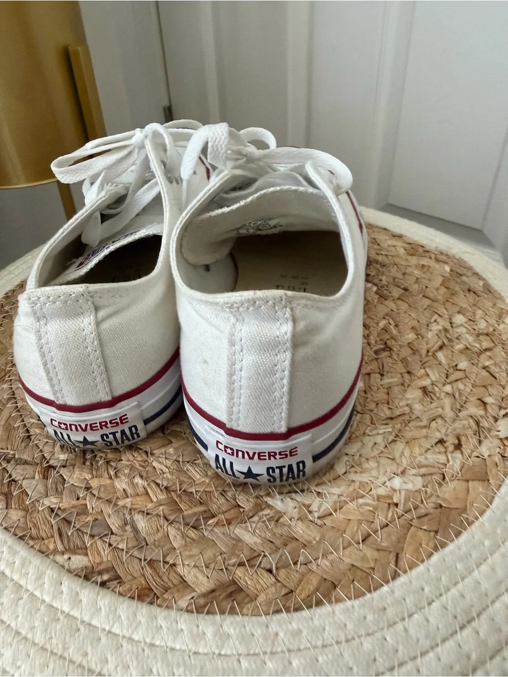 Converse women’s White Canvas Low Top Sneakers with Red & Navy Trim